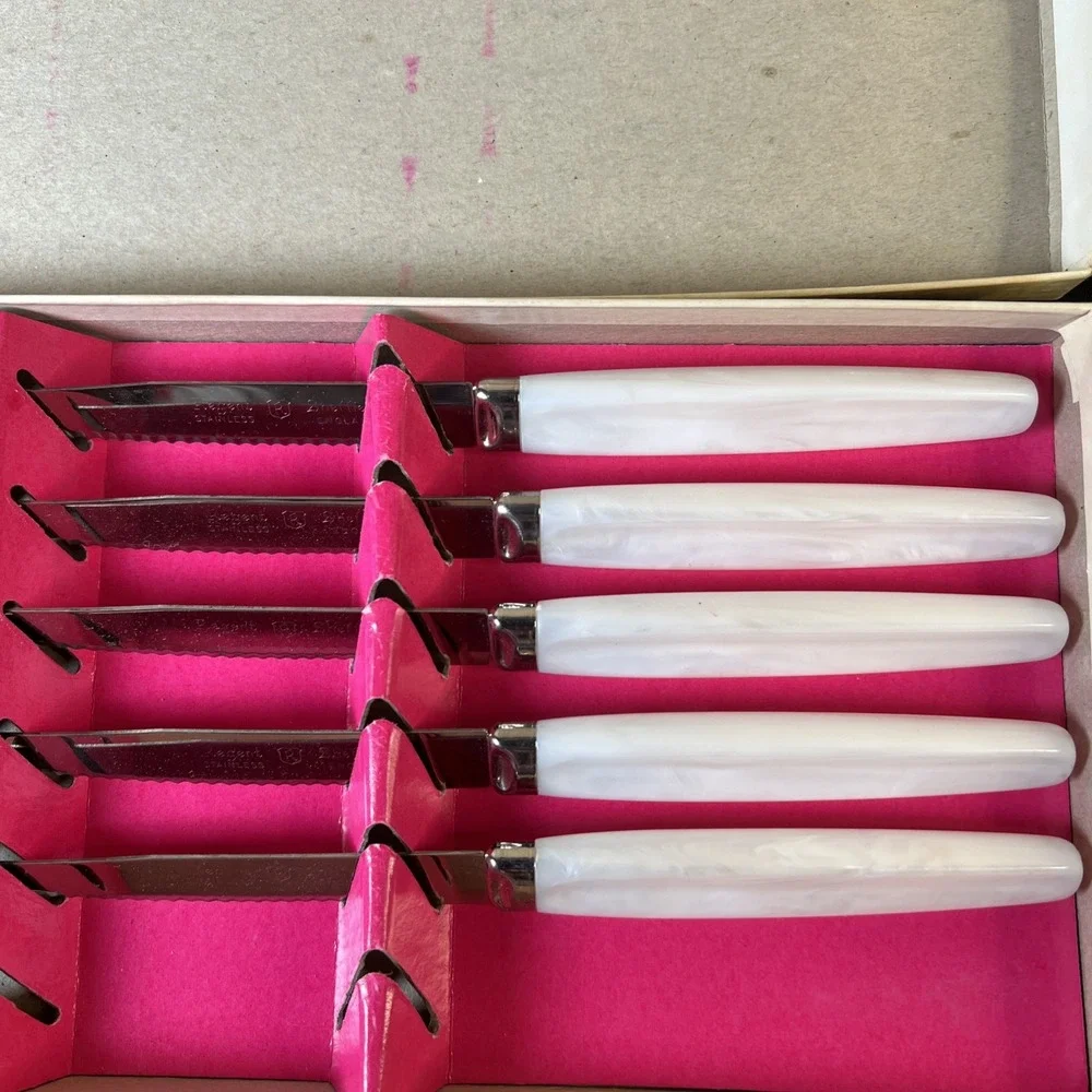 Vtg- 5/ Regent Stainless Sheffield Steak Knife Set Cream/White Handles, England